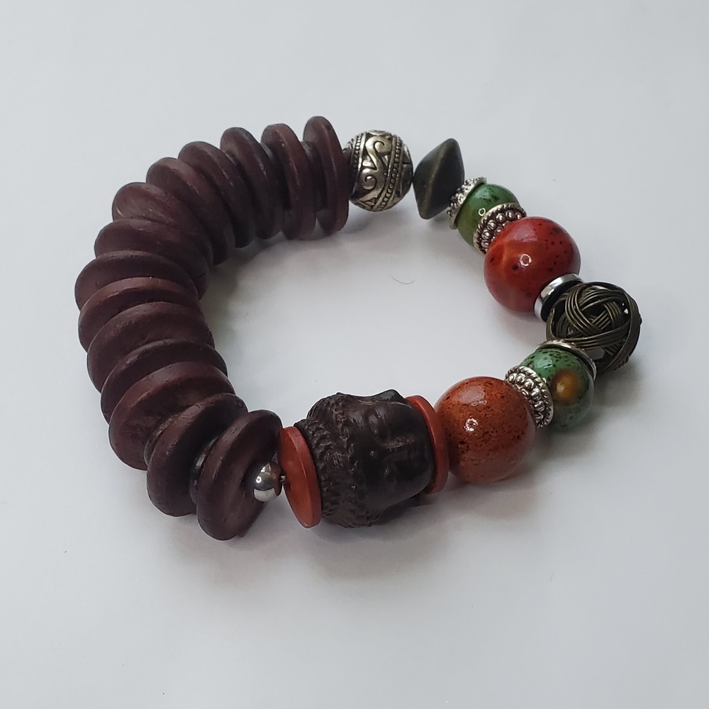 Buddha Head Beaded Bracelet with Silver Accents